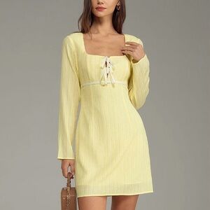 Rihoas Yellow Long Sleeve Mini Dress Ribbon Tie Front  NWT Large